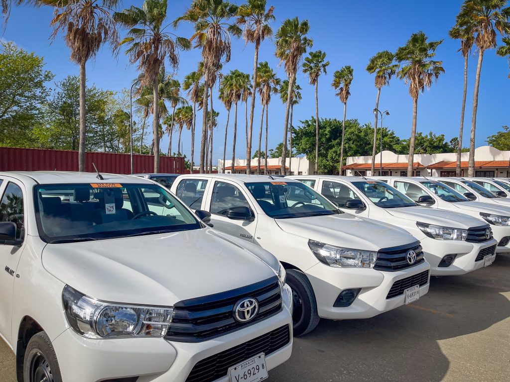 A row of parked Toyota Hilux pickup trucks on Bonaire